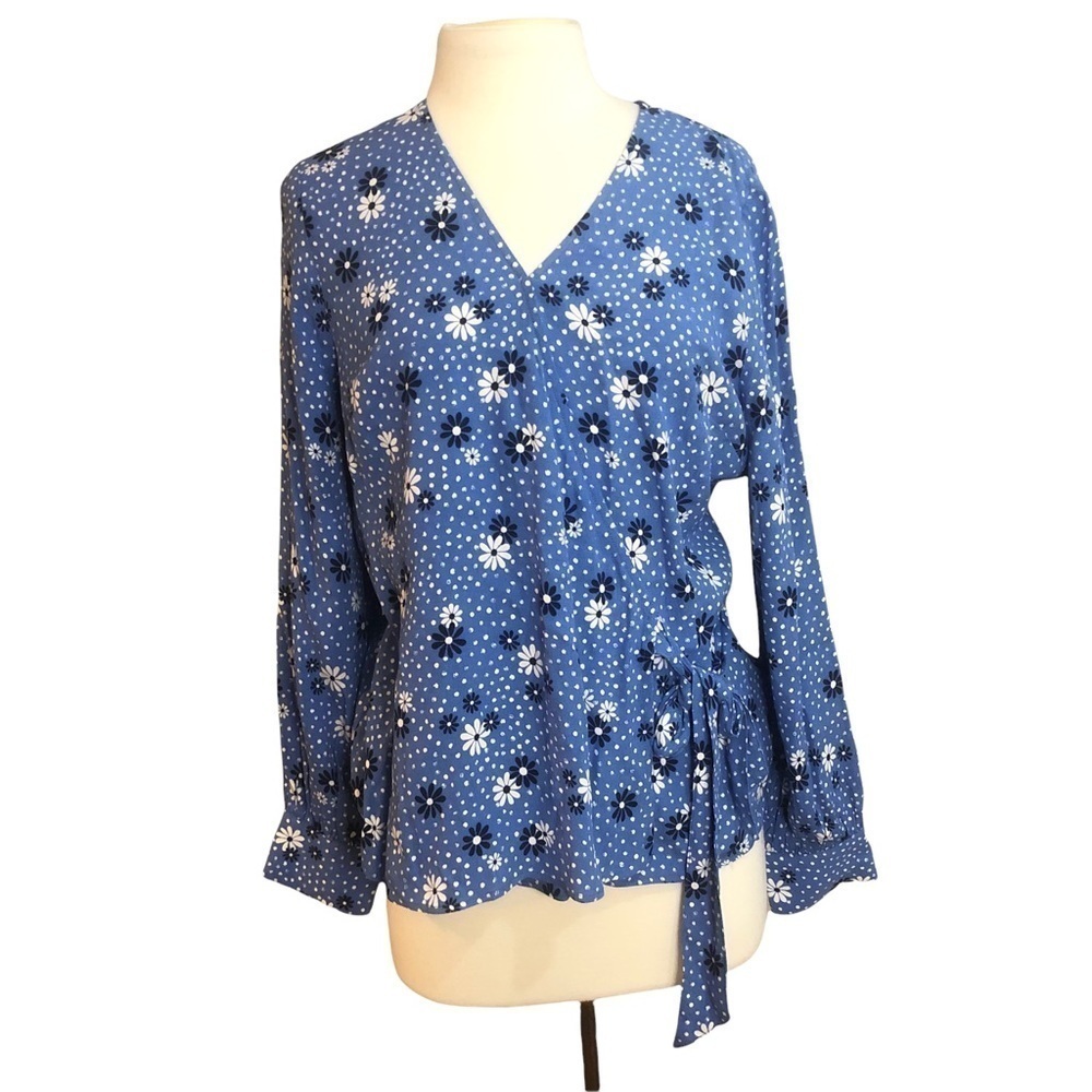 Talbots NWT Blue POET SLEEVE WRAP TOP - FLOWERS & DOTS Size Medium